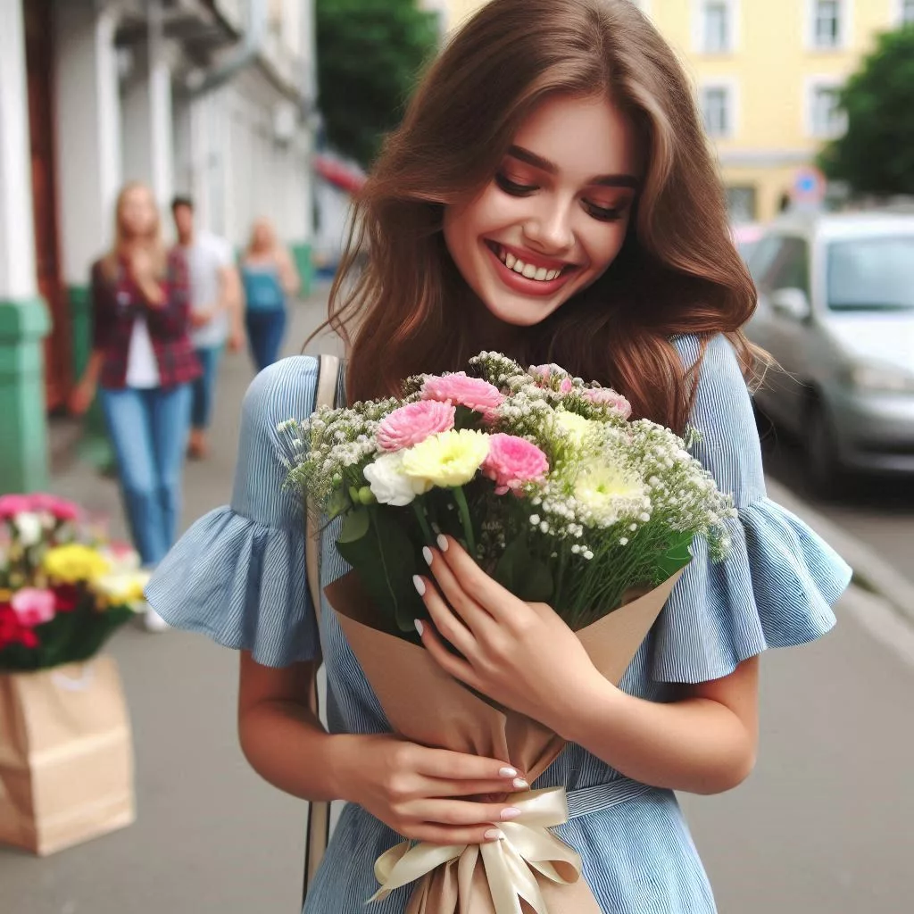 Ragazza felice con bouquet di fiori